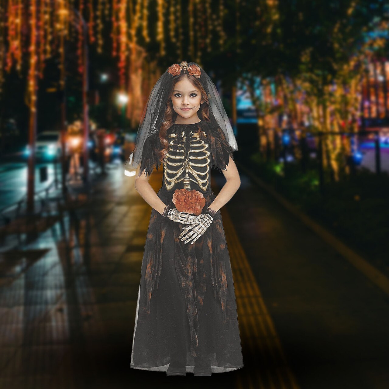 Girls Bones Bride Costume with Veil and Gloves for Halloween Parties